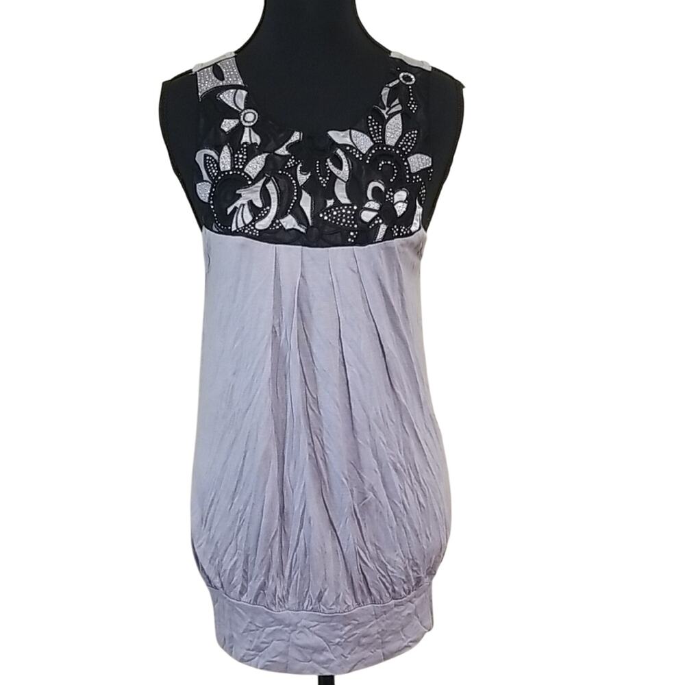Y2K Embellished Rhinestone Floral Lace Neckline Sleeveless Babydoll Tunic Top M